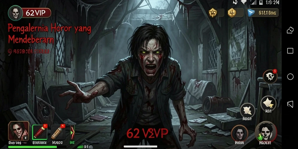 Tampilan gameplay menegangkan 62VIP dengan suasana horor yang mencekam.