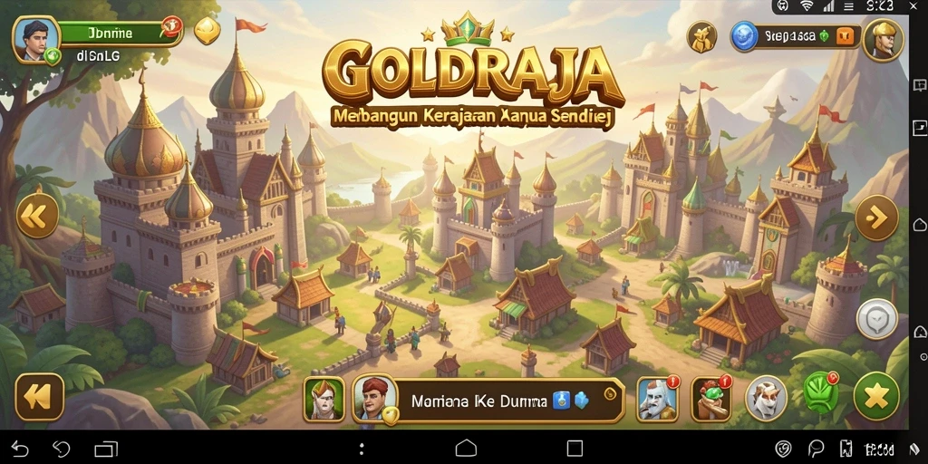 Screenshot gameplay GOLDRAJA menampilkan strategi pembangunan dan pertempuran.
