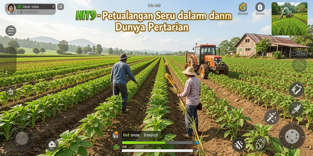 Tampilan gameplay HIT9 menampilkan keseruan bertani dengan berbagai tanaman dan hewan.