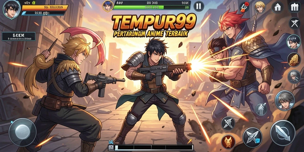 Tampilan gameplay TEMPUR99 yang penuh aksi dan warna-warni seperti anime.