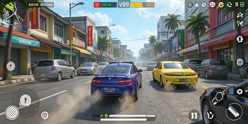 Gameplay balapan mendebarkan di V89 dengan kendaraan yang beragam.
