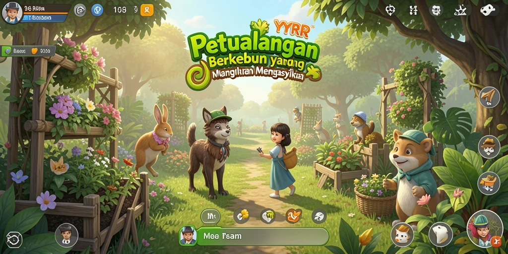 Tangkapan layar dari gameplay YYRR menunjukkan ladang yang subur dan aktivitas berkebun.